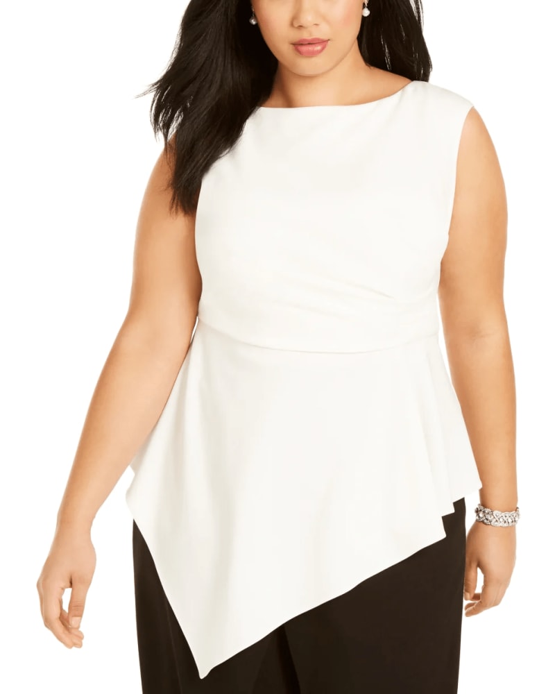 Front of a model wearing a size 18 Adrianna Papell Women's Plus Size Asymmetric Sleeveless Top White Size 18 in White by Adrianna Papell. | dia_product_style_image_id:311017